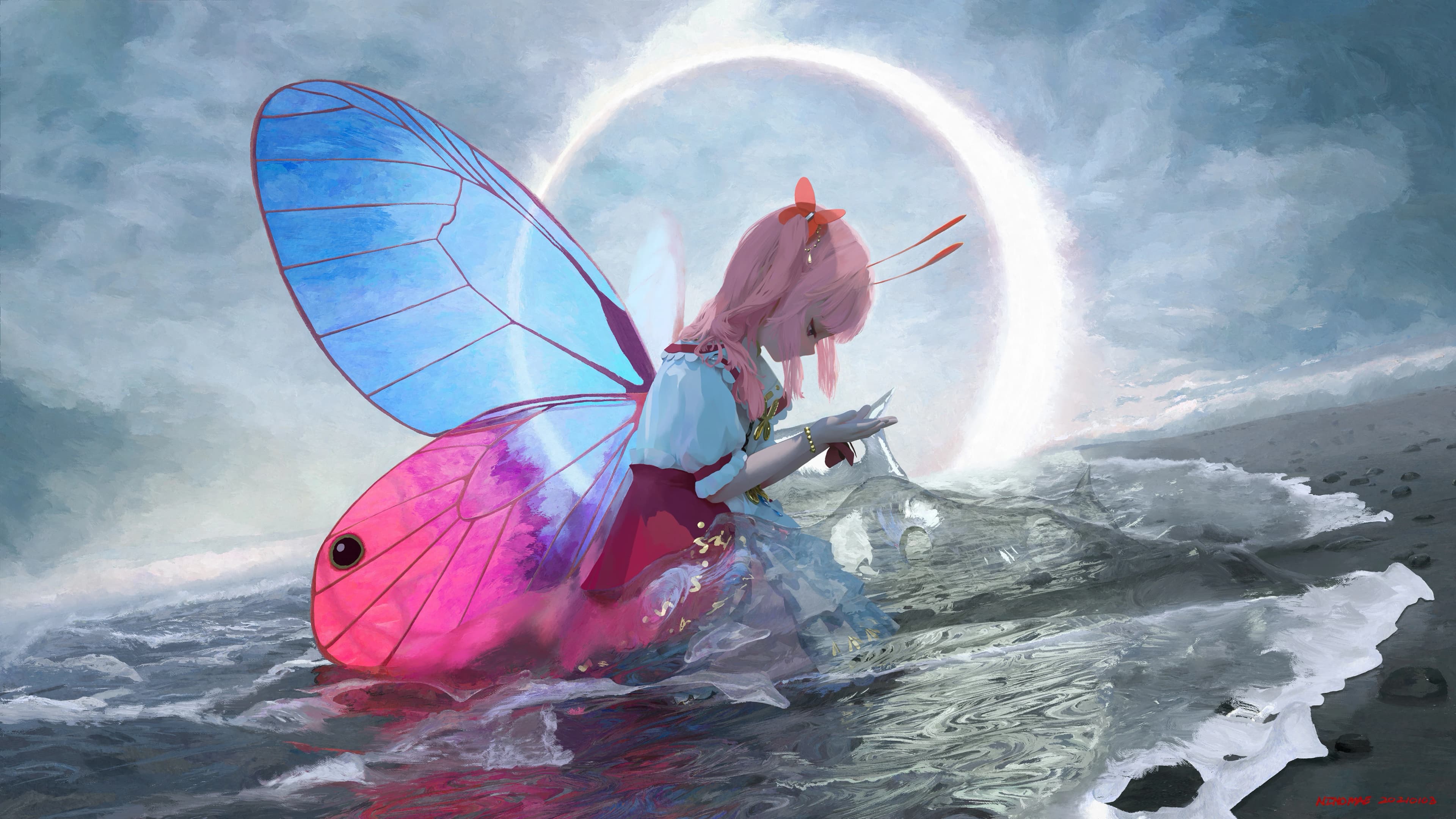 Pink-haired winged figure in ocean waves, with a bright circular light in a cloudy sky.