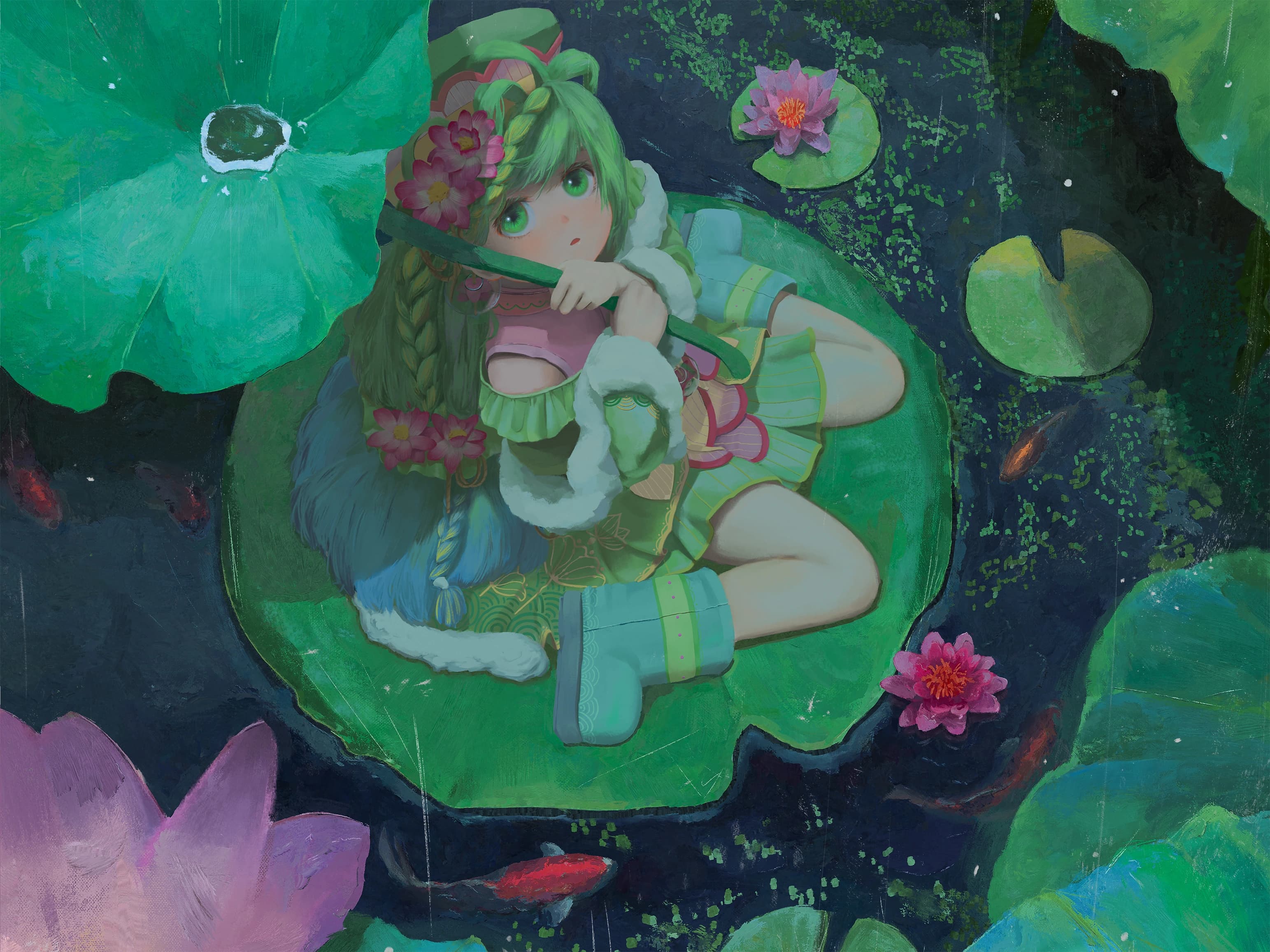 Green-haired character holding a lily stem, reclining on a lily pad among flowers and koi.