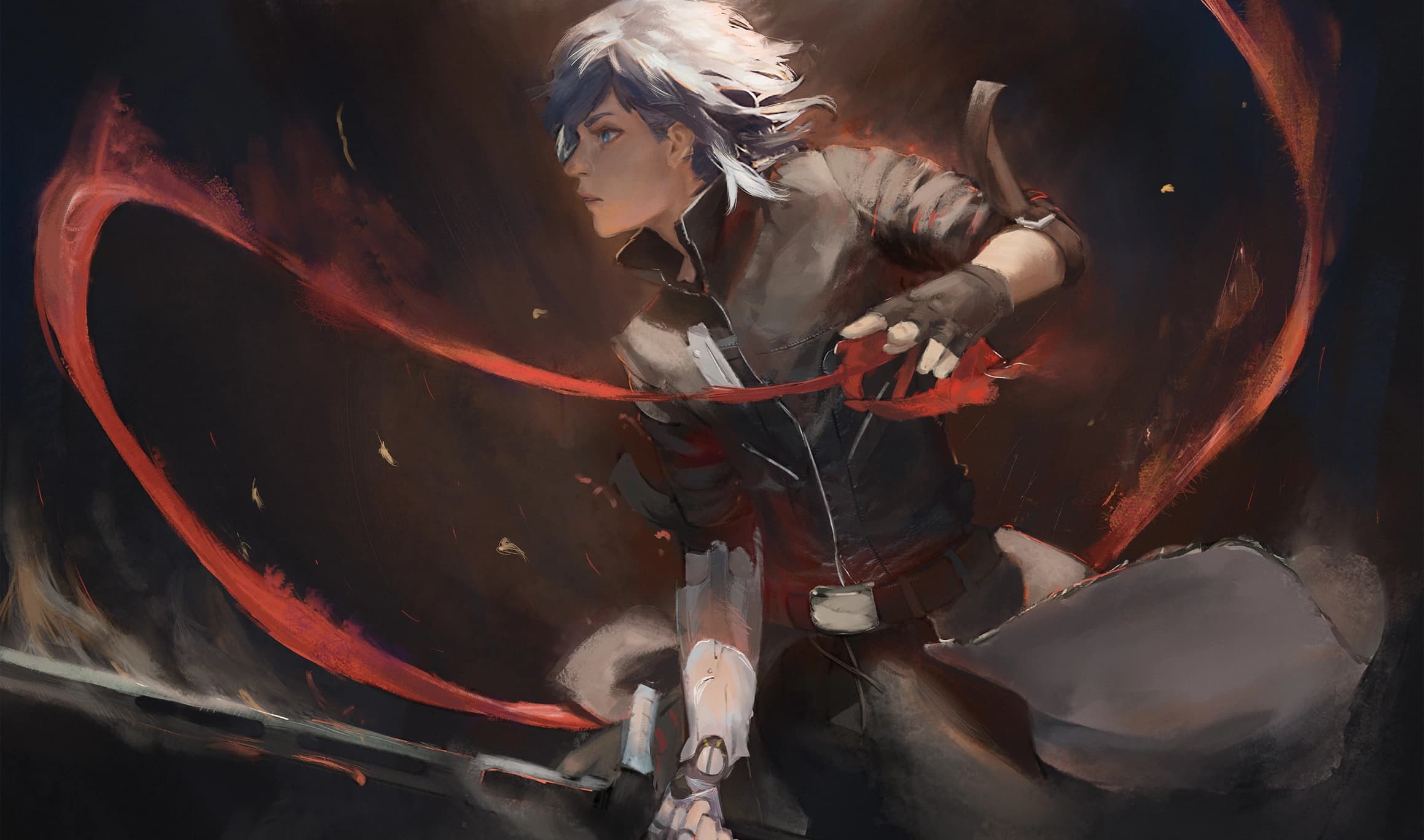Silver-haired fighter in dark clothing, surrounded by curved red streaks against a dark background.