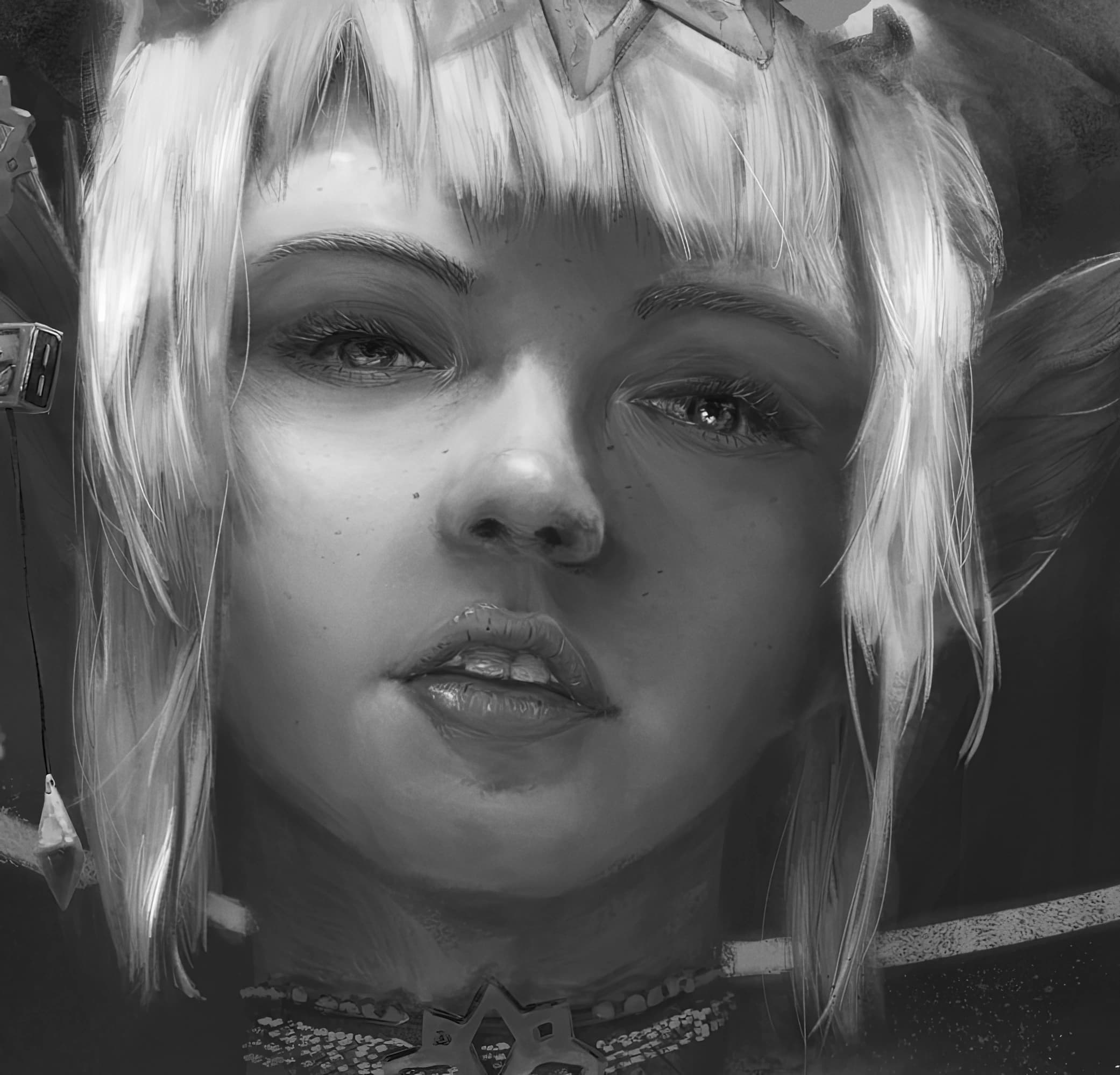 Detailed grayscale portrait of a white-haired character wearing an ornate crown and necklace.