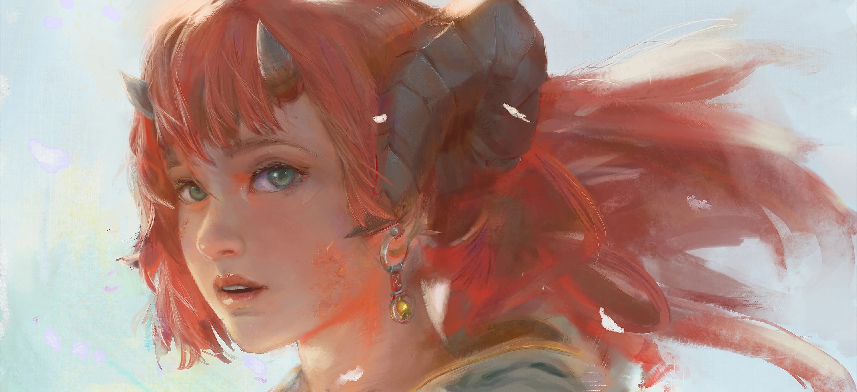 Red-haired character with curled dark horns and green eyes, looking over their shoulder.