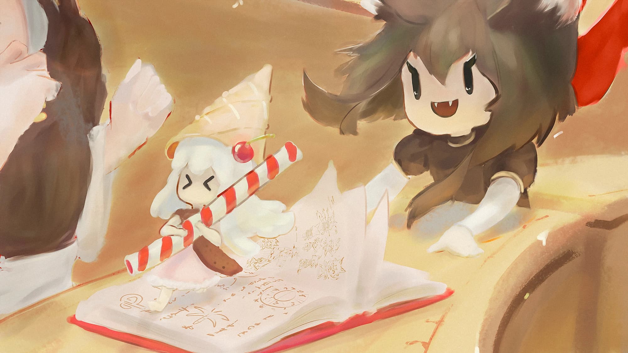Smiling dark-haired cat character beside a small white character holding a striped wand over a book.
