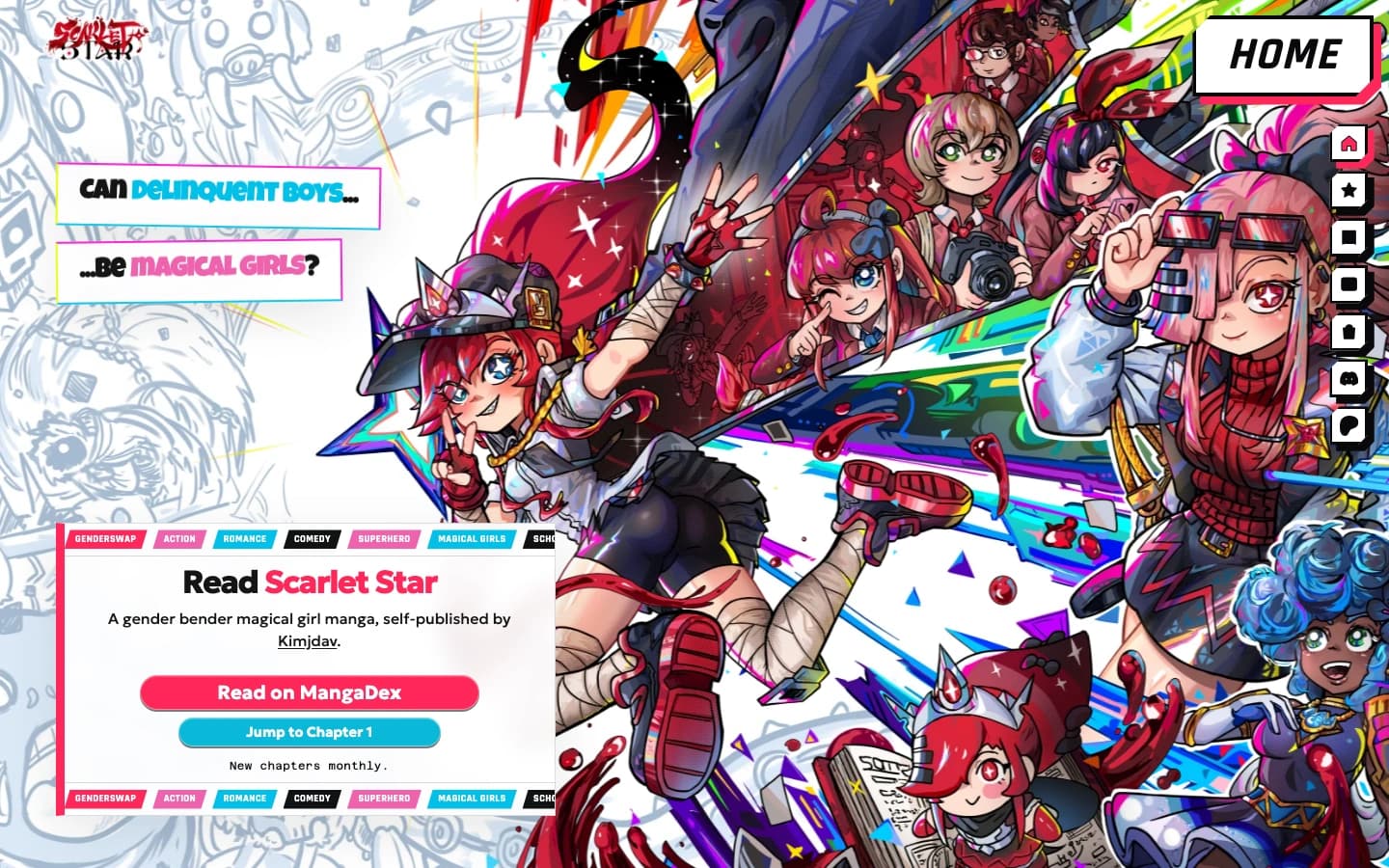 Scarlet Star website with illustrated characters, manga information, and reading links.